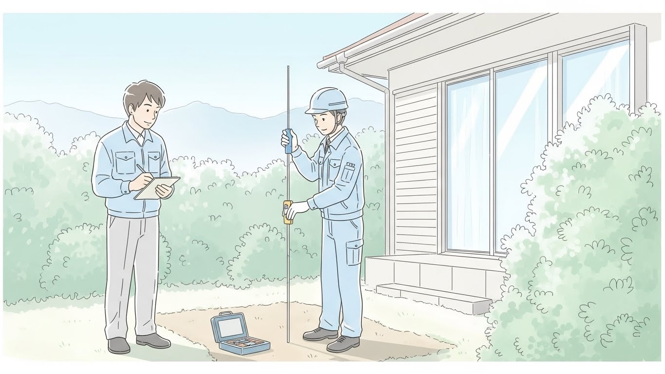 現地で建物と敷地を測って確認