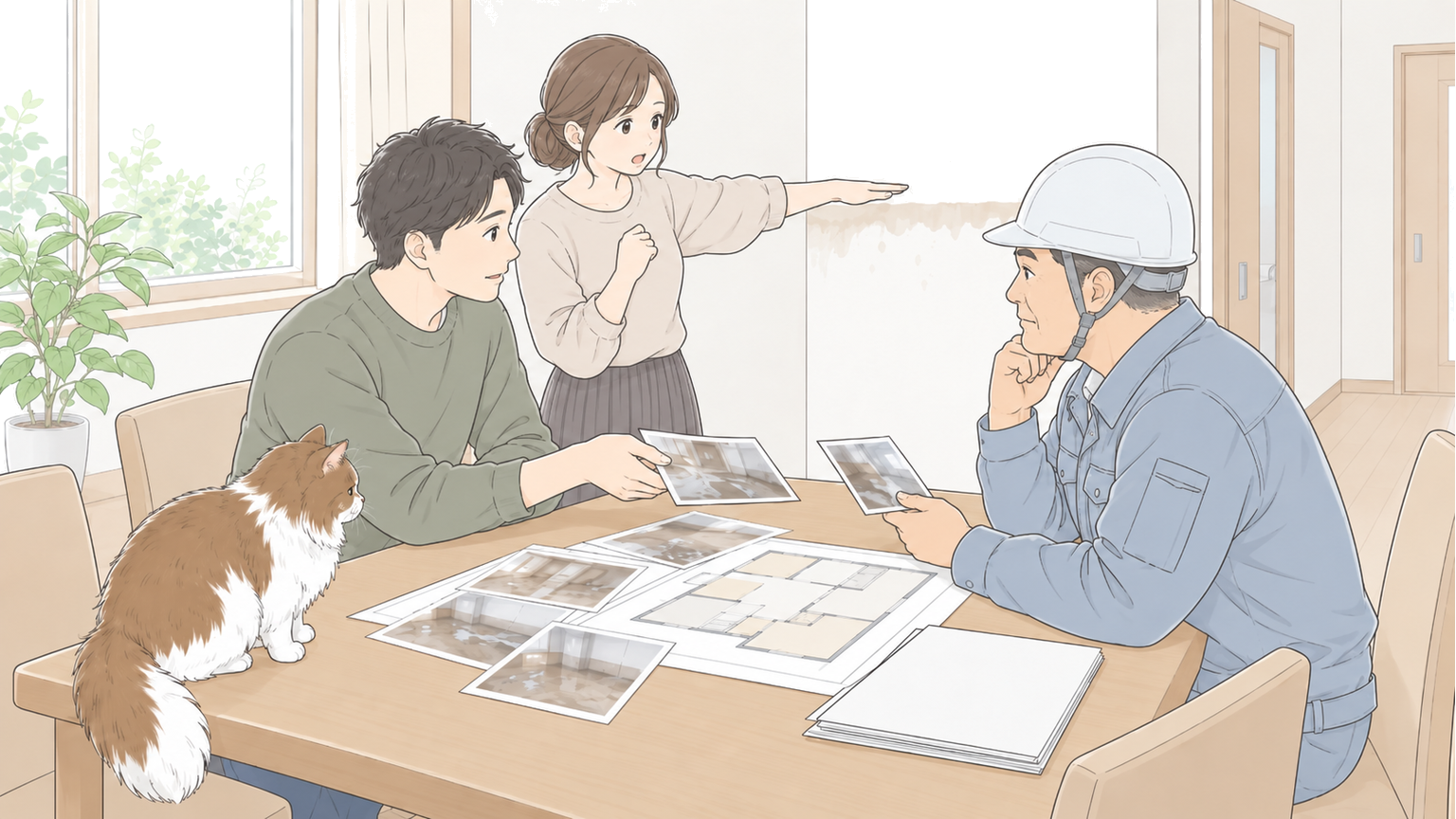 写真や図面を見ながら職人に相談する様子